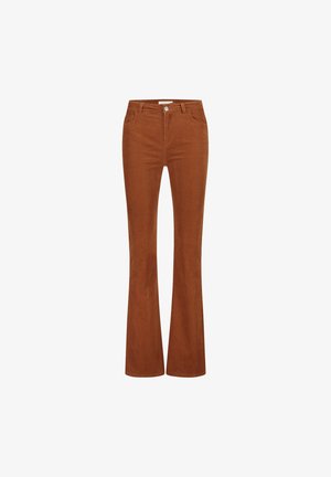 Braune Schlagjeans aus weichem Stoff mit glatter Oberfläche, ausgestattet mit einem Reißverschluss vorne, zwei Taschen und einer taillierten Passform.