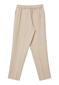 Beige Pull-on-Hosen mit elastischem Bund, ausgestattet mit zwei Seitentaschen und geradem Bein, aus einem glatten Stoff gefertigt.