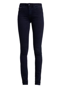 Jeans skinny de denim azul oscuro con un diseño ajustado. Las características incluyen un cierre de botón, trabillas para cinturón y un estilo clásico de cinco bolsillos.