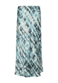 Luftiger knielanger Rock im hellblauen und weißen Batikmuster mit dunklen blauen Akzenten. Weicher Stoff mit einem drapierten Design und leichtem Glanz.
