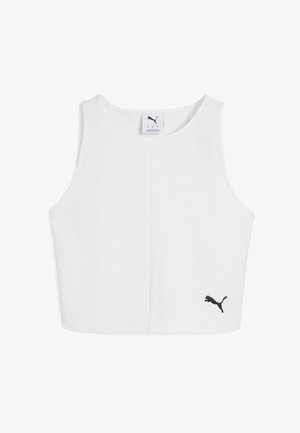 Débardeur blanc court avec une texture côtelée, présentant un logo Puma noir sur le côté gauche et un col rond.