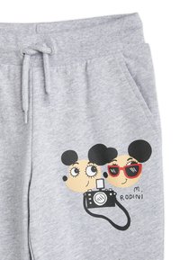 Šedé tepláky s grafickým potiskem dvou kreslených postaviček s kulatými hlavami, z nichž jedna má sluneční brýle a drží fotoaparát, a názvem značky "Rodini."