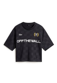 Mustat lyhythihaiset paidat, joissa on ruudullinen kuvio, valkoinen "OFF THE WALL" -teksti ja kultainen logo. Valmistettu sileästä ja kevyestä kankaasta.