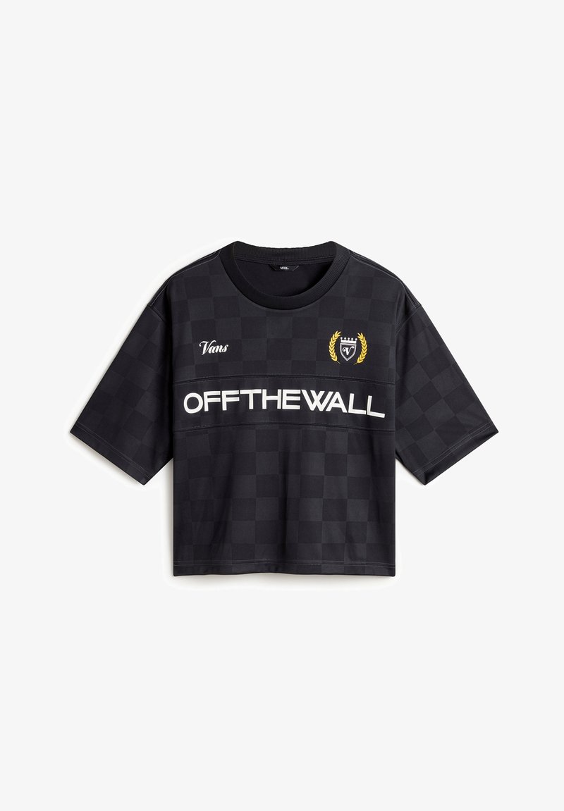 Mustat lyhythihaiset paidat, joissa on ruudullinen kuvio, valkoinen "OFF THE WALL" -teksti ja kultainen logo. Valmistettu sileästä ja kevyestä kankaasta.