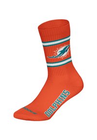 Orangene Crew-Socke mit türkisfarbenen und weißen Streifen, einem türkisfarbenen Delfin-Logo und dem Wort "DOLPHINS" in Blau am Knöchel.