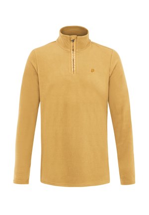 Keltainen fleece-pullover, jossa on puoli vetoketjukaulus, pitkät hihat ja pieni logo rinnassa. Pehmeä rakenne ja kevyt muotoilu.