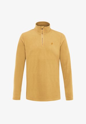 Gelber Fleece-Pullover mit einem halben Reißverschluss-Kragen, langen Ärmeln und einem kleinen Logo auf der Brust. Weiche Textur und leichtes Design.