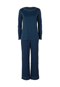 Pigiama composto da un top a maniche lunghe di colore blu navy e pantaloni larghi, con dettagli di cucitura leggeri sul collo e sui bordi dei pantaloni.