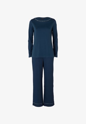 Pigiama composto da un top a maniche lunghe di colore blu navy e pantaloni larghi, con dettagli di cucitura leggeri sul collo e sui bordi dei pantaloni.