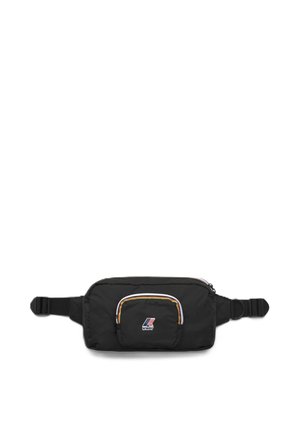 Marsupio nero con tracolla regolabile, tasca frontale con zip e logo K-Way in rosso, bianco e blu sulla tasca frontale.