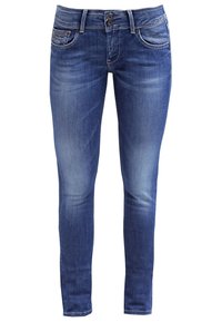 Blå denim skinny jeans med en blekt effekt, som har fem fickor, dragkedja och två knappar i midjan.