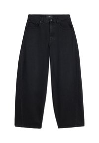 Zwarte wijde jeans gemaakt van denim. Heeft een hoge taille, klassieke vijfzakkenontwerp en een knoopsluiting aan de voorkant.