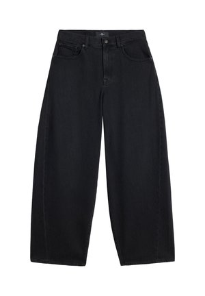 Sorte jeans med vide ben lavet af denim. Har høj talje, klassisk design med fem lommer og knaplukning foran.