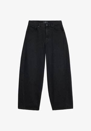 Sorte jeans med vide ben lavet af denim. Har høj talje, klassisk design med fem lommer og knaplukning foran.