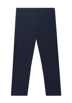 Mörkblå leggings med en bred, elastisk midjeband. Tillverkade av ett mjukt, stretchigt material utan synliga sömmar eller mönster.