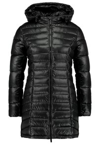 Černá péřová bunda s kapucí, s předním zipem a vodorovným prošíváním. Vyrobena z hladkého, lesklého materiálu.