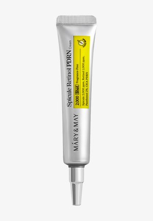 Sølv tube med Spicule Retinol PDRN creme af Mary & May med en gul etiket, der fremhæver en koncentration på 2.000 ppm og duftfri formel.