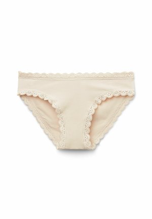 Culotte en coton beige avec une délicate bordure en dentelle le long de la taille et des ouvertures de jambes. La texture semble lisse et légère.