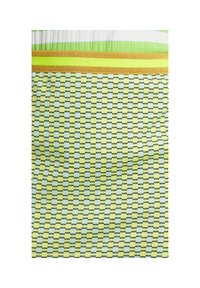 Tissu à motif à carreaux verts et blancs, surmonté de rayures horizontales en blanc, vert citron et paillettes dorées.