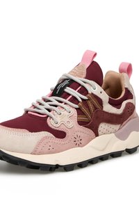 Maroon and pink sneakers with suede and mesh materials, featuring a sturdy rubber sole, white laces, and a pink heel tab for easy wear.