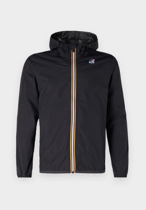 Schwarze Kapuzenjacke mit mehrfarbig gestreiftem Reißverschluss und K-Way-Logo auf der Brust, dargestellt vor einfachem Hintergrund.