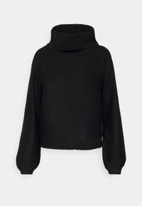 Schwarzer, strukturiert gestrickter Pullover mit einem Schalkragen und geripptem Saum. Hat lockere, lange Ärmel und eine kürzere Passform.