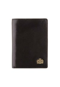 Zwart leren portemonnee met een gladde textuur, voorzien van een gouden embleem in de rechterbenedenhoek en een strakke, minimalistische uitstraling.