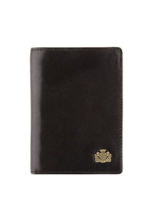 Zwart leren portemonnee met een gladde textuur, voorzien van een gouden embleem in de rechterbenedenhoek en een strakke, minimalistische uitstraling.