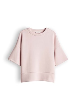 Light pink, short-sleeve sweatshirt with wide sleeves, crew neckline, and straight hem, displayed against a white background.