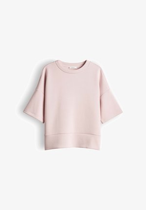 Light pink, short-sleeve sweatshirt with wide sleeves, crew neckline, and straight hem, displayed against a white background.