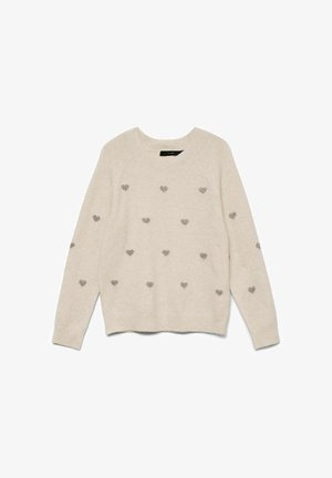 Maglione beige chiaro con scollo rotondo, caratterizzato da piccoli motivi a cuore metallici su tutta la superficie. Tessuto morbido con bordo e polsini a costine.