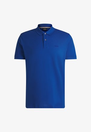 Blue polo shirt made from cotton, featuring a classic collar, three-button placket, and embroidered logo on the chest. Smooth texture.