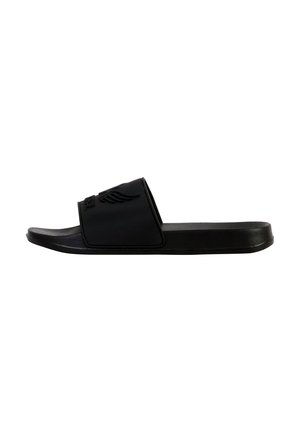 Black slide sandal with a wide strap and textured upper. Sleek design with a flat sole and minimalistic profile.
