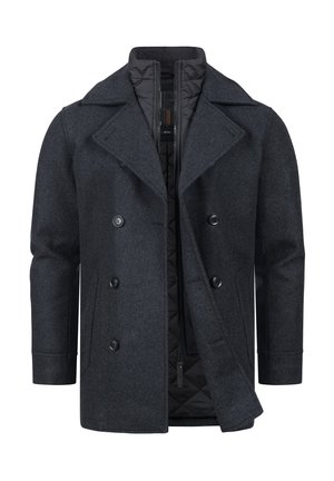 Mörkgrått ullblandat peacoat med dubbelknäppt front, breda slag och vadderat foder. Har stora svarta knappar och sidofickor.
