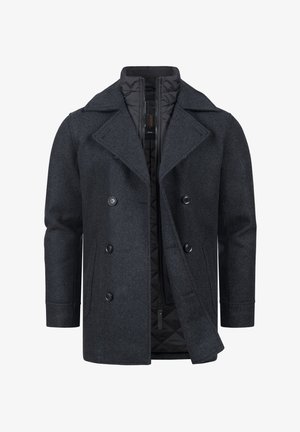 Cappotto peacoat in misto lana grigio scuro con abbottonatura doppiopetto, ampi revers e interno trapuntato. Presenta grandi bottoni neri e tasche laterali.
