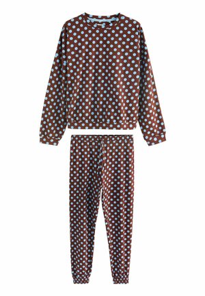 Pruun pikkade varrukatega pluus ja püksid helesiniste täppidega, elastse vöökohaga ja varrukaservadega, valmistatud pehmest kangast.