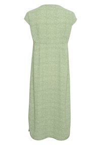 Robe midi verte avec un motif floral, manches courtes à empiècement et taille cintrée qui s'évase. Tissu doux et léger, encolure arrondie.