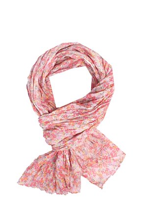 Leichter pinkfarbener Schal mit einem flächendeckenden Blumenmuster in verschiedenen Rosatönen, Orange und Grün, mit einer strukturierten Oberfläche und fransigen Kanten.