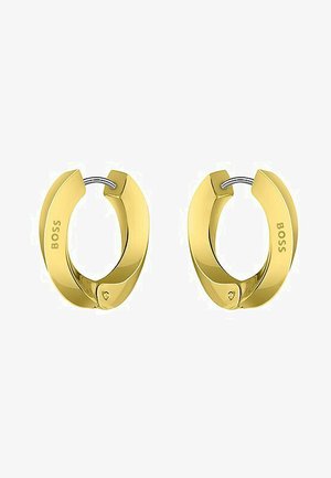 Goldene Creolen mit hochglänzender Oberfläche, ausgestattet mit einem Scharniersystem und einer Gravur "BOSS" an der Seite für zusätzliche Details.