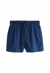 Jeansshorts med elastisk midja, dragsko och två sidfickor. Tyget är i en djup blå nyans och har en slät textur.