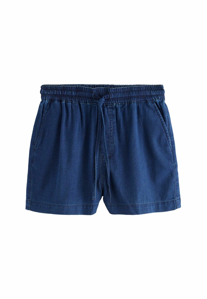 Jeansshorts med elastisk midja, dragsko och två sidfickor. Tyget är i en djup blå nyans och har en slät textur.