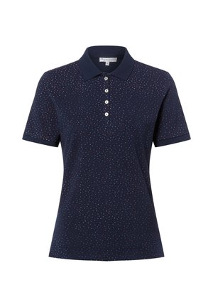 Navy blue short-sleeve polo shirt with small white and pink polka dots and four white buttons on the placket.