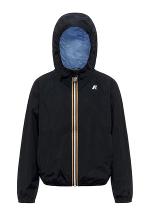 Giacca nera con cappuccio, fodera interna blu, zip a strisce multicolori, polsini elasticizzati e piccolo logo bianco sul petto.