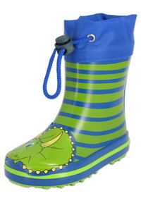 Botte de pluie en caoutchouc verte et bleue avec des rayures bleues, présentant un visage de dinosaure sur l'orteil et un haut à cordon pour un ajustement réglable.