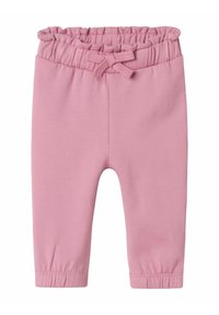 Leggings de algodón rosa con una cinturilla elástica y fruncida, y un detalle decorativo de lazo. Los puños también son elásticos para un ajuste ceñido.