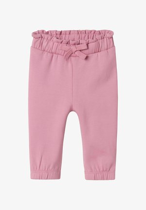 Leggings de algodón rosa con una cinturilla elástica y fruncida, y un detalle decorativo de lazo. Los puños también son elásticos para un ajuste ceñido.