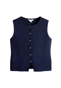 Tmavomodrá pletená vesta bez rukávov s okrúhlym výstrihom, piatimi ozdobnými gombíkmi na prednej strane a rovnými lemom. Hladká textúra.