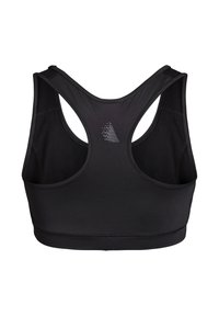 Mustmelne spordibra, millel on võistluse seljaosa disain ja mis on valmistatud venivast kangast. Üles seljas on peen hõbedane logo. Sile tekstuur.