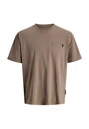 Rövid ujjú, kerek nyakú póló világosbarna anyagból. Mellkasi zsebbel és oldalon kis címkével rendelkezik. Puha tapintású, laza szabású.