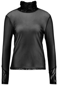 Top nero a maniche lunghe con colletto in pizzo alto, tessuto trasparente e dettagli in pizzo testurizzato sui polsini delle maniche. Design liscio e aderente.